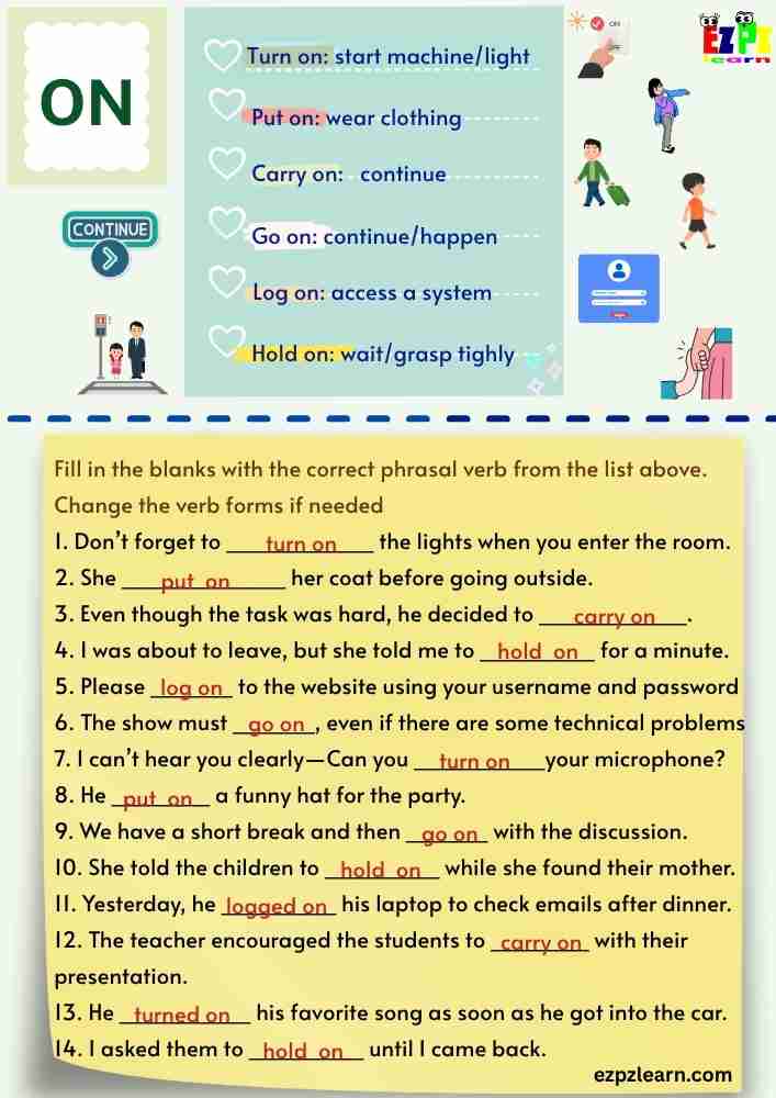 Phrasal Verb “On” Worksheet – 14 Sentences | ESL Grammar Practice PDF